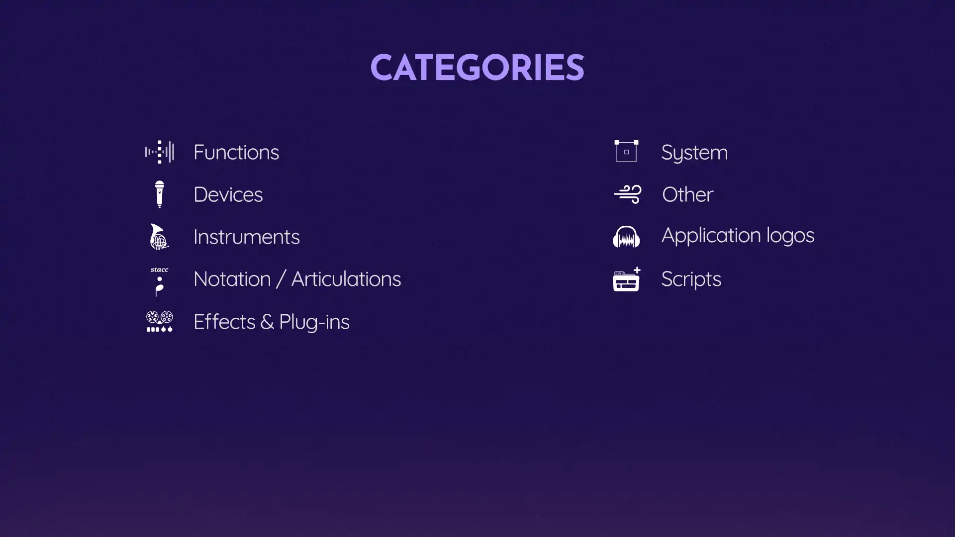 Icon categories. Functions, Devices, Instruments, Notation/Articualtions, Effects & Plug-ins, System, Other, Plain colors, Scripts.