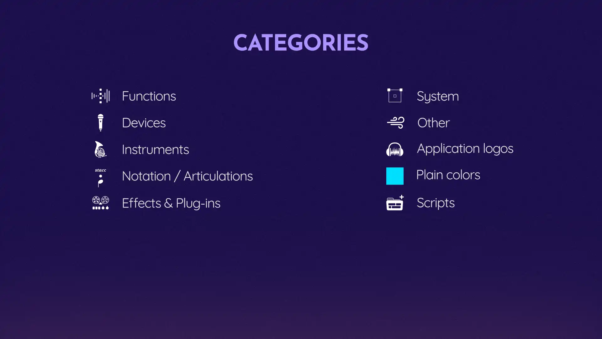 Icon categories. Functions, Devices, Instruments, Notation/Articualtions, Effects & Plug-ins, System, Other, Plain colors, Scripts.