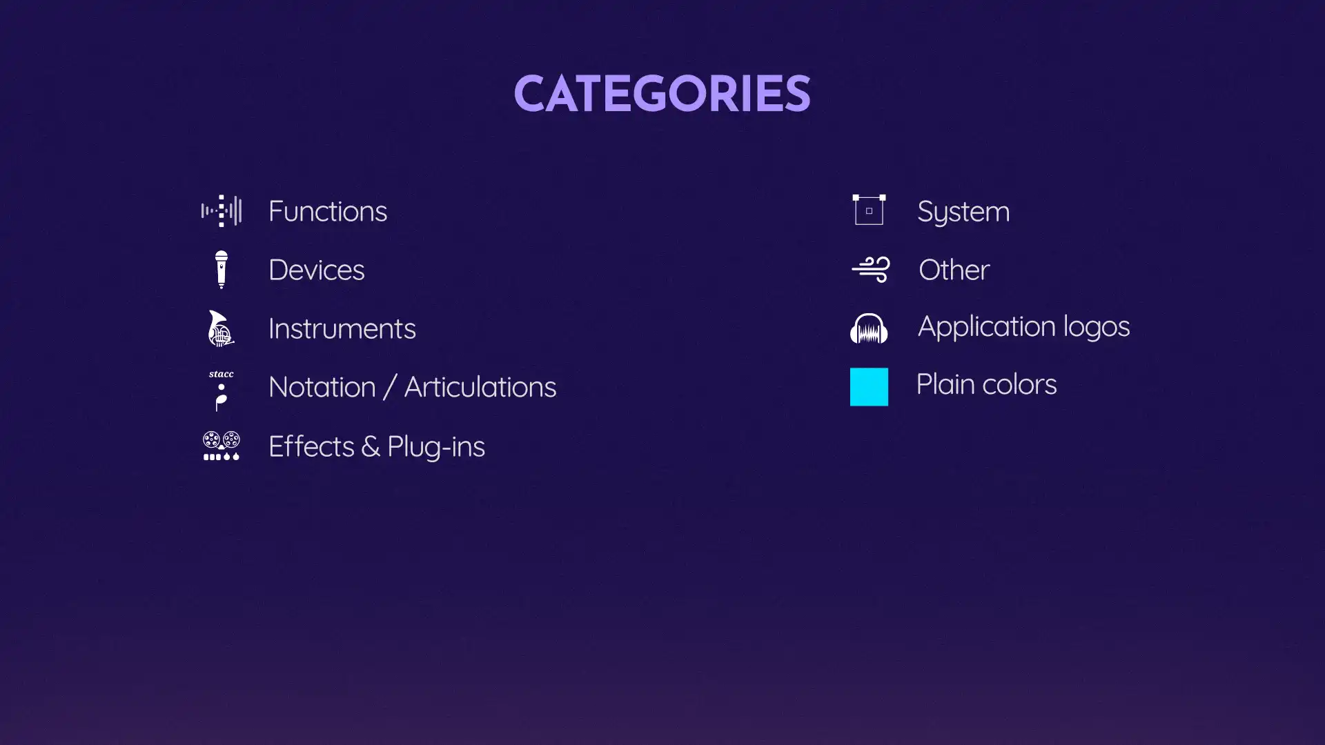 Icon categories. Functions, Devices, Instruments, Notation/Articualtions, Effects & Plug-ins, System, Other, Plain colors, Scripts.