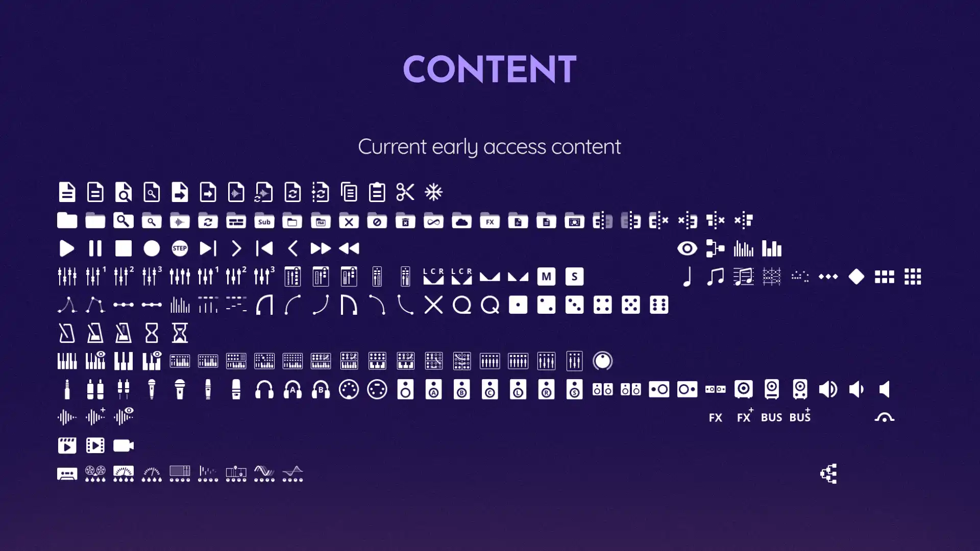 Icon categories. Functions, Devices, Instruments, Notation/Articualtions, Effects & Plug-ins, System, Other, Plain colors, Scripts.