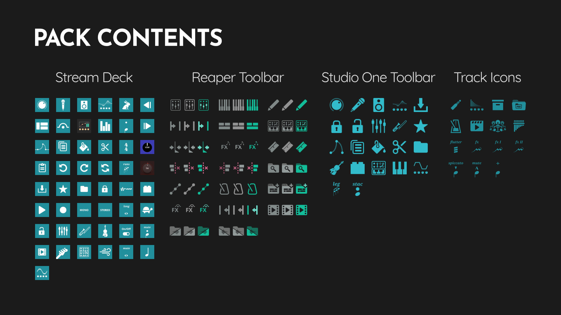 Package contents. Free icons for Stream Deck, Reaper, Studio One and Track Icons.