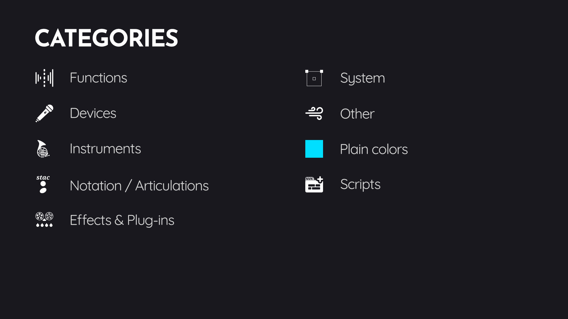 Icon categories. Functions, Devices, Instruments, Notation/Articualtions, Effects & Plug-ins, System, Other, Plain colors, Scripts.